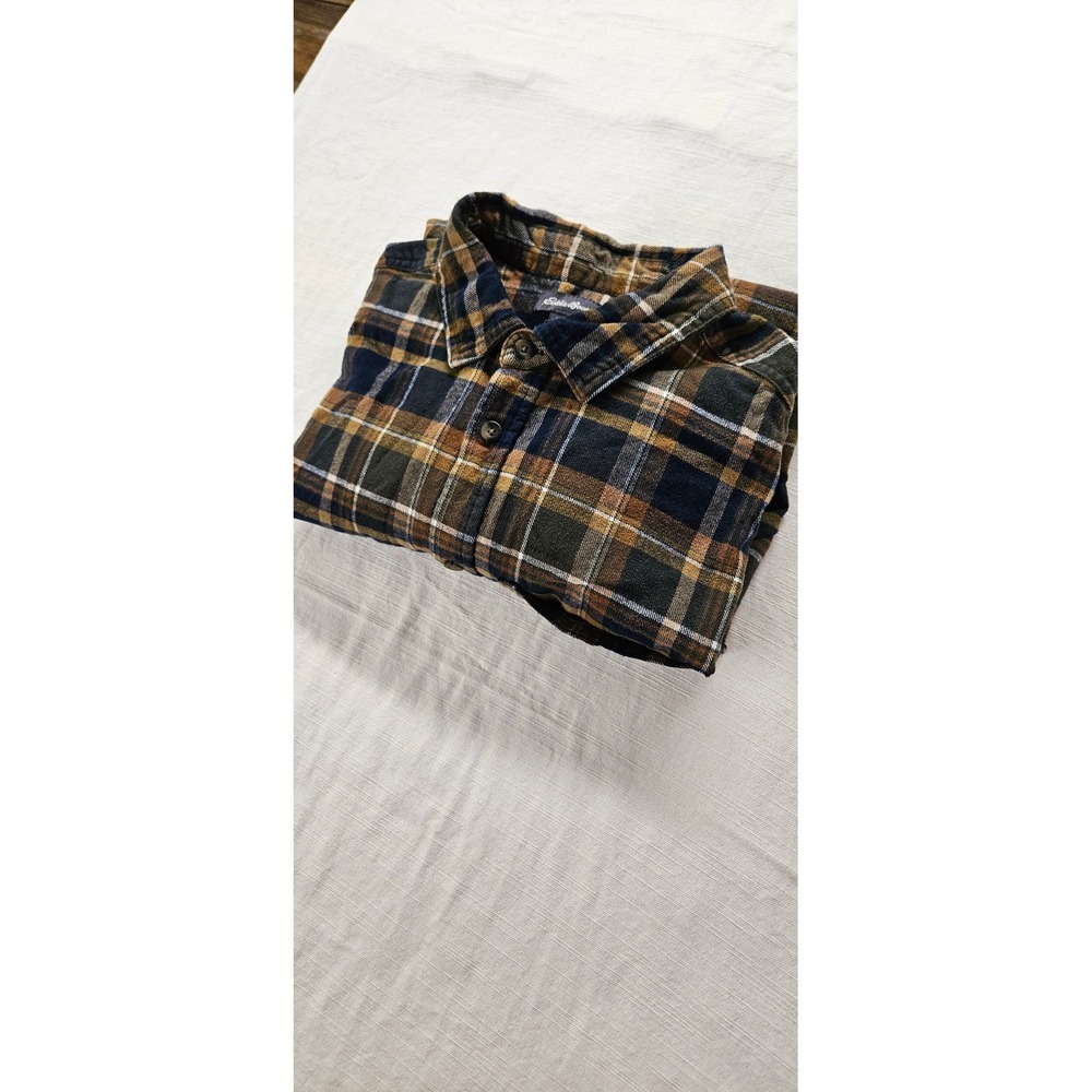 Eddie Bauer Mens Flannel Shirt L Large Blue Yellow Plaid Long Sleeve Button Down
